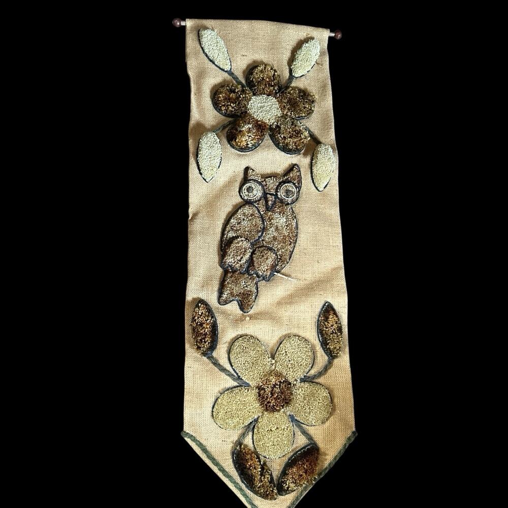 Vintage 1970’s Latch Hook‎ Shag On Burlap With Owl And Flowers Wear With Age